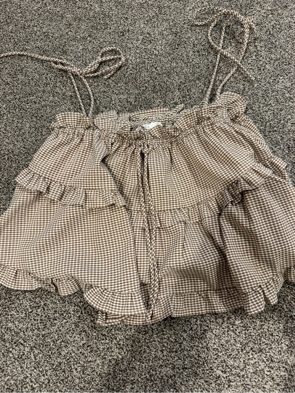 Gingham Ruffle Tie-Shoulder Tank Top in Brown